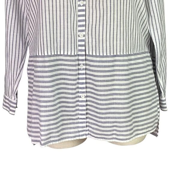 J Jill Fit Top Women L Gray White Cotton Stripe Roll Tab Sleeve High Low Tunic - Picture 3 of 11